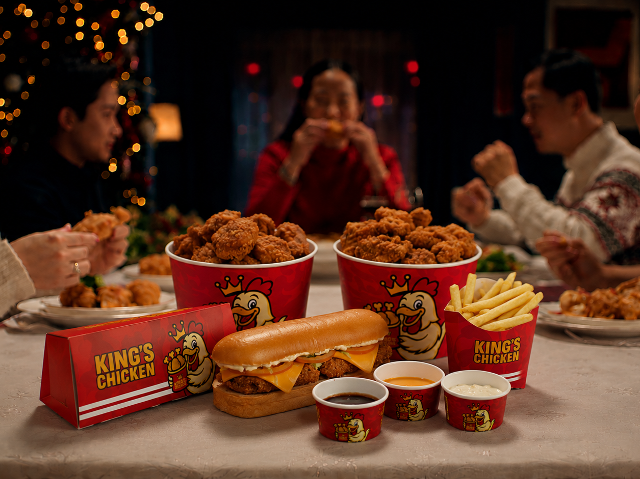 Balde de frango frito King's Chicken com refrigerante e molho