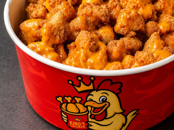 Balde de popcorn chicken King's Chicken com guaraná e molhos